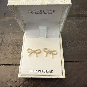 Rachel Zoe Gold Bow Faux Pearls Sterling Silver Delicate Earrings New NIB